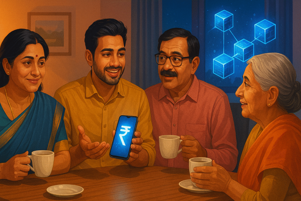 Indian family learning blockchain basics together
