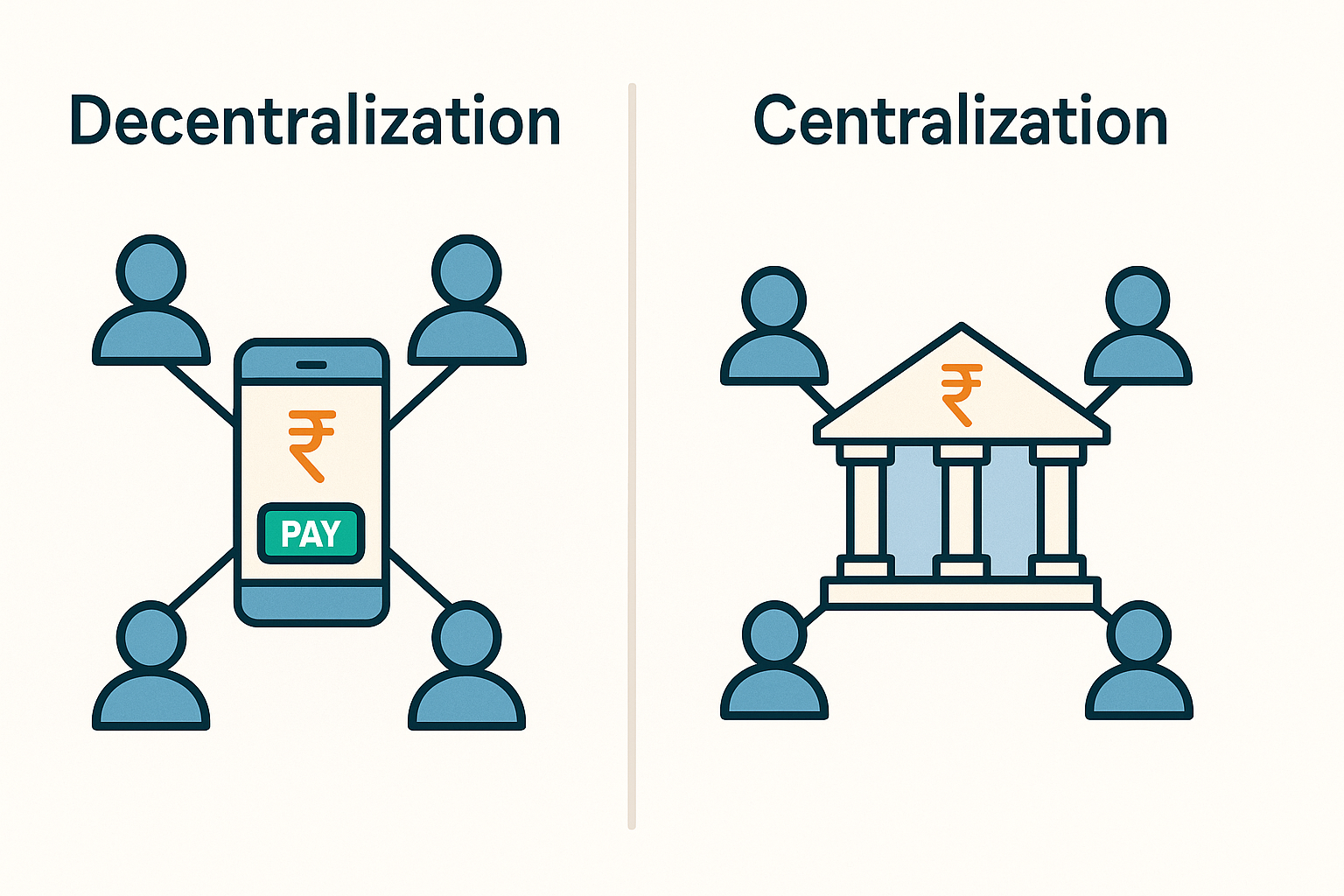 Decentralized blockchain vs centralized system India illustration