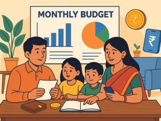Indian family planning monthly budget with charts and savings icons.