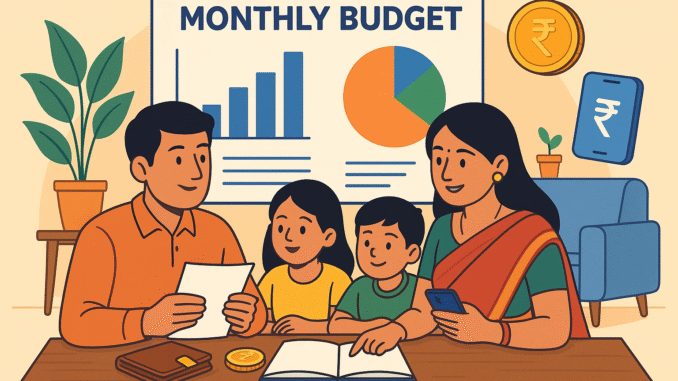 Indian family planning monthly budget with charts and savings icons.