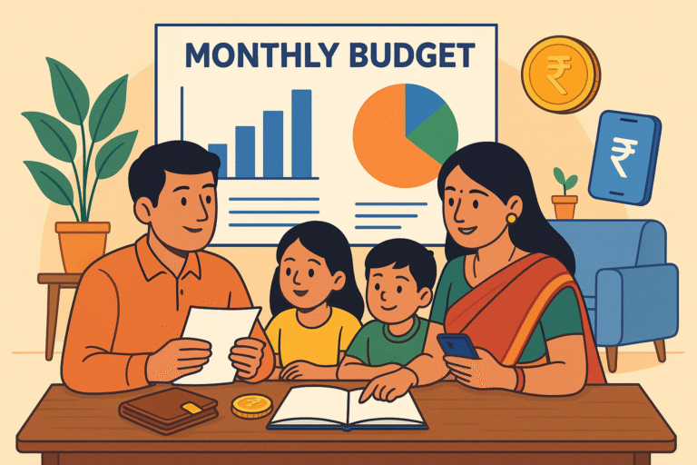 Indian family planning monthly budget with charts and savings icons.