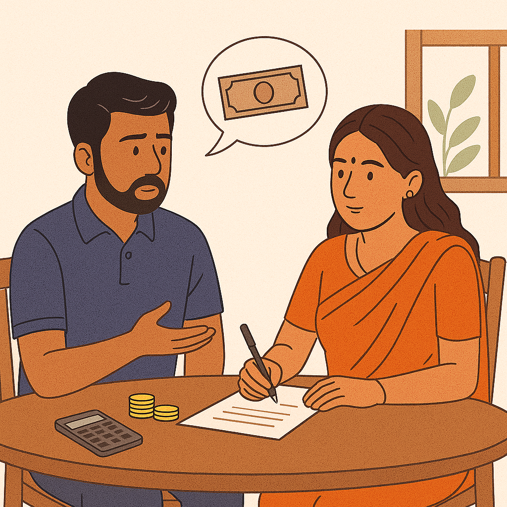Indian couple planning monthly budget together