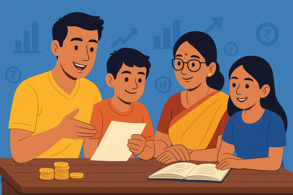 Indian family discussing mutual fund SIP investments.