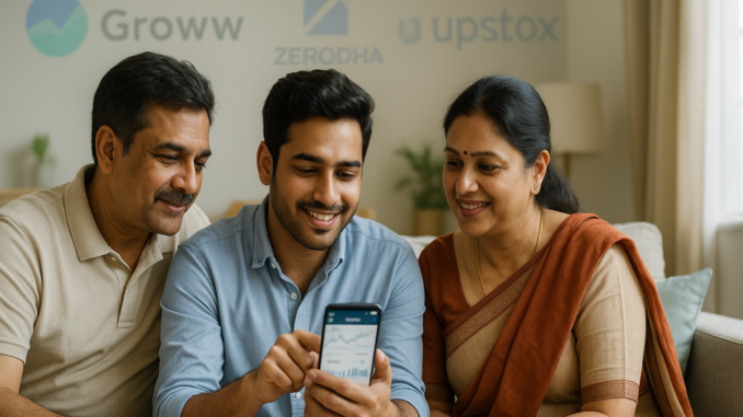 Groww vs Zerodha vs Upstox 2026 comparison showing Indian family investing together at home