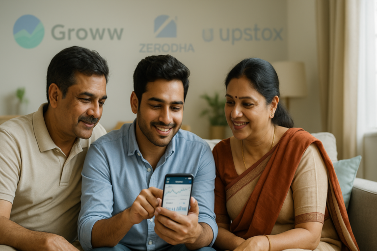 Groww vs Zerodha vs Upstox 2026 comparison showing Indian family investing together at home