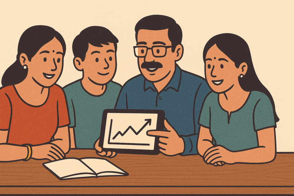 Indian family learning how to invest in the stock market.