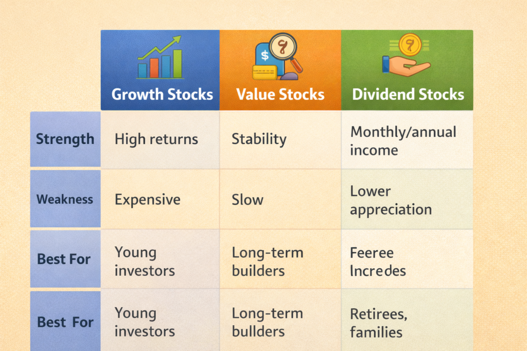 growth vs value vs dividend stocks india